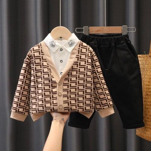 Toddler Boys Clothing Set Autumn Spring Kids Fashion Geometric Pattern Knitted Coat+Cartoon Embroidery Shirt+pants Baby Outfits