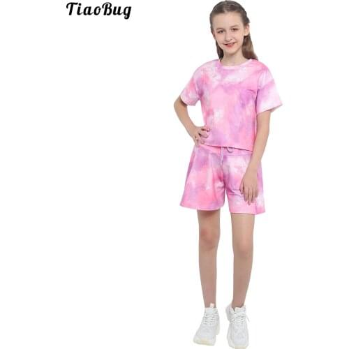 TiaoBug Summer 3 To 10 Years 2Pcs Kids Girls Tie Dye Print Sport Running Suit Round Neck Short Sleeve T-Shirt Top And Shorts Set