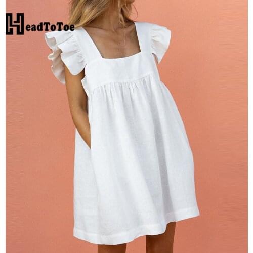 Solid Square Neck Ruffle Sleeve Summer Dress Women Short Sleeve Casual Mini Dresses