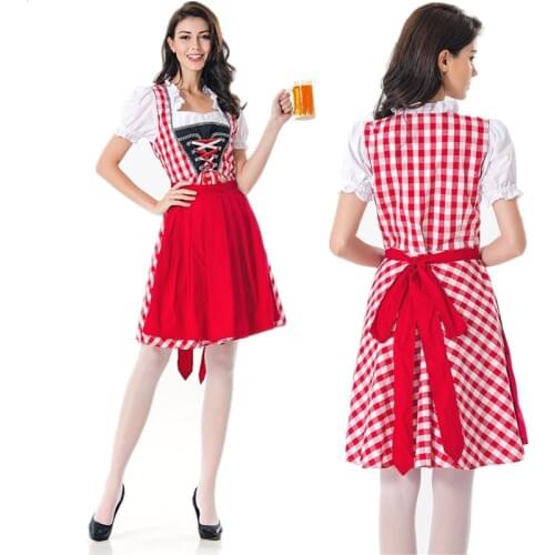 German Oktoberfest Beer Girl Costume Women Bavarian Traditional National Costumes Bar Waiter Red Cotton Checkered Dress