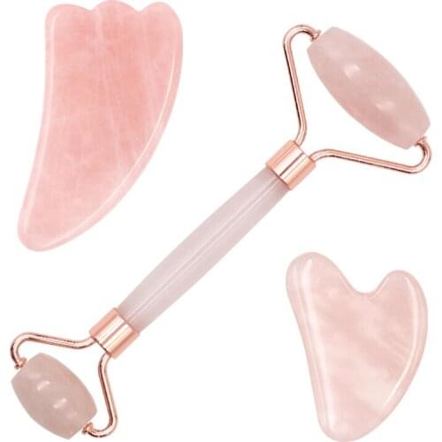 Pink Facial Massage Roller Plate Guasha Board Double Head Slimming Face Lifting Massager Jade Stone Eye Face Neck Thin Care Tool