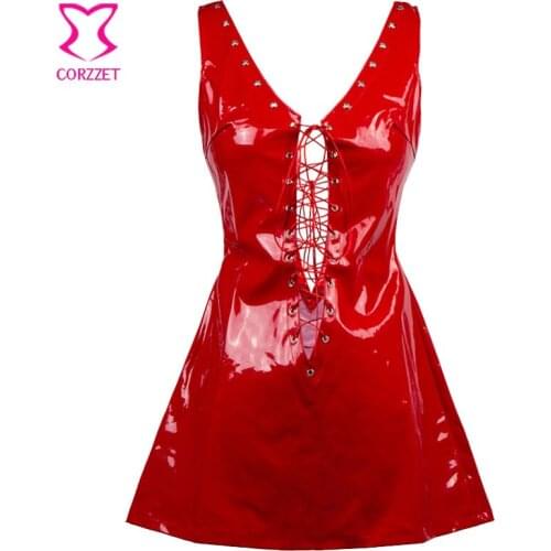 Adult Sexy Hot Faux Leather Lingerie Tank Style Deep-V Lace Up Red Glossy PVC Dress Women Club Party Dancewear Erotic Dresses