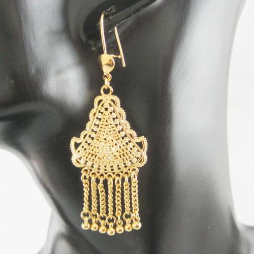 FOROMANCE/-YELLOW GOLD GP OVERLAY TRIANGLE SHAPE WITH MANY BALL CHARM TALL 2.76" DANGLE EARRING