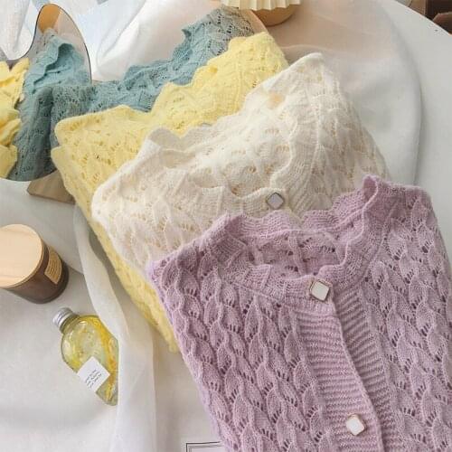 Sweet O-neck Hollow Out Knitted Sweater Cardigan Womens 2021 Autumn Winter Long Sleeve Soft Korean Womens Clothing Crop Tops