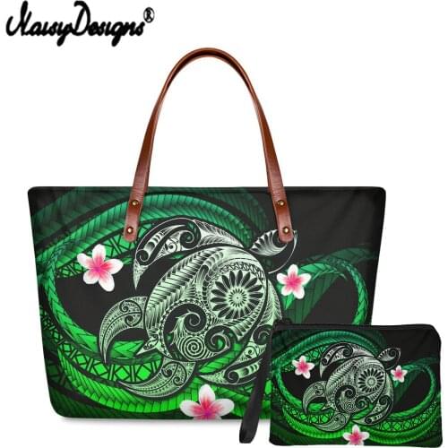 Noisydesigns Retro Turtle With Polynesian Prints One-shoulder Bag And Coin Purse Set Large Capacity Women Handbags Beach Totes
