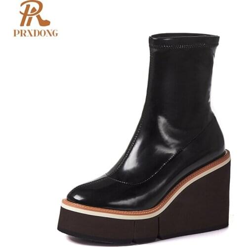 New 2021 Autumn Thick Sole Ankle Boots Women Microfiber Leather Round Toe Chelsea Boots Woman Wedges Heels Platform Riding Boots