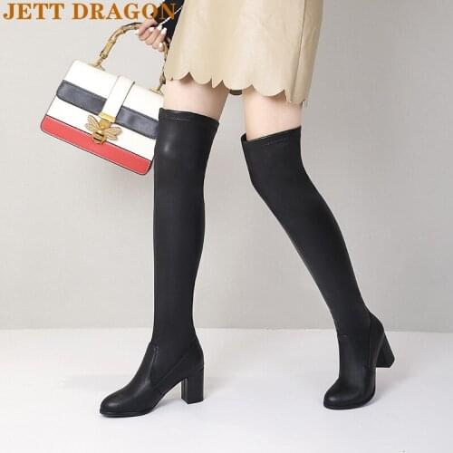 2021 New Winter Women Boots Faux Leather Slip on Knee High Boots Fashion Pointed Toe Thick High Heel Autumn Shoes Woman 34 37 38