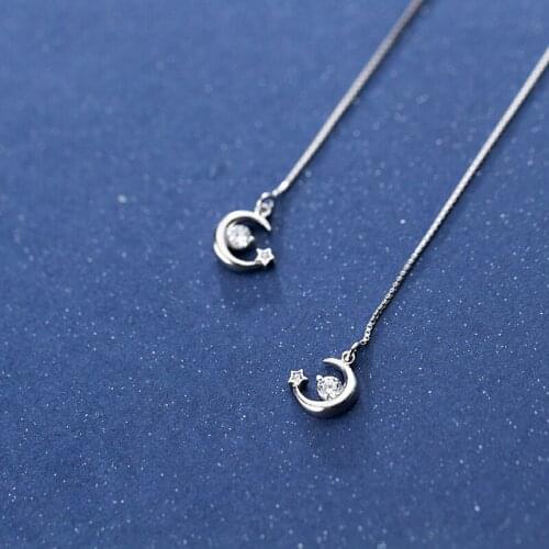 MloveAcc 925 Sterling Silver Long Chain Luminous Star Moon Drop Earrings for Women Authentic Silver Jewelry