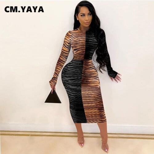 CM.YAYA Tigue Print Patchwork Midi Bodycon Dress for Women Streetwear Long Sleeve O-neck Dresses Pencil Vestido fall winter