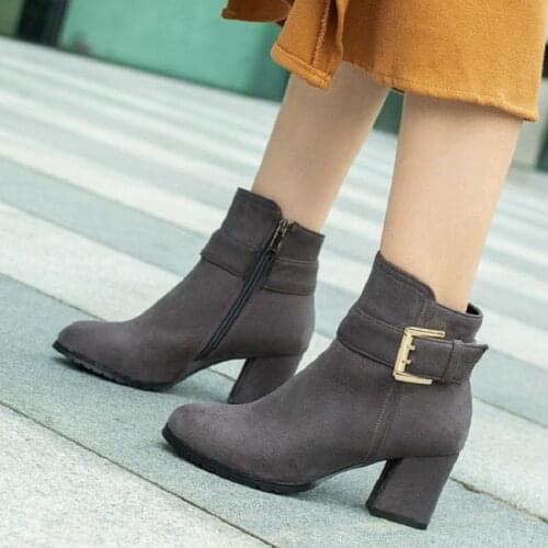 2020 flock faux suede round toe block high heels shoes woman winter fall fleece warm boots for women classic botas de mujer