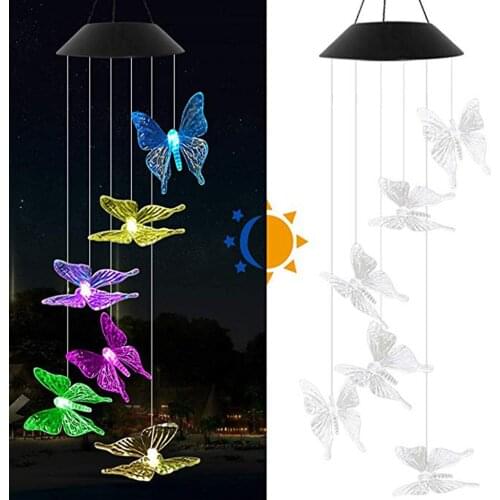 2020 New Energy Efficient Color Changing Solar LED Butterfly Wind Chimes Lamp Balcony Child Room Garden Hanging Light Decoration