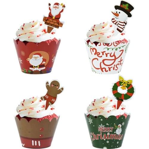 24pcs Christmas Cupcake Wrapper Santa Claus Snowman Xmas Tree Cake Topper Merry Christmas New Year 2022 Cake Decoration Tools