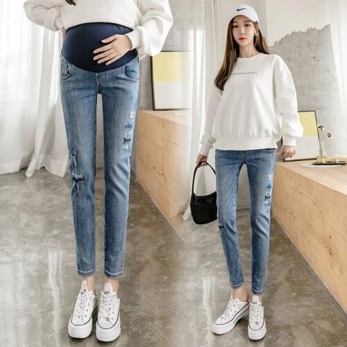 360# Maternity Clothes Spring Autumn Slimming Embroidery Maternity Jeans Elastic Waist Maternity Trousers
