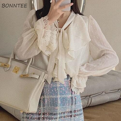 Blouses Women Solid Elegant Bandage Loose Spring Retro Tender Ladies Leisure Korean Style College Soft Sheer Tops Design Newly