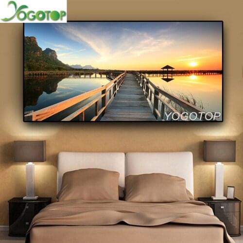 Large Diy Diamond Painting Sunsets Bridge Wooden Lake Landscape square round drill 5d Diamond Embroidery mosaic Home Art YY2713