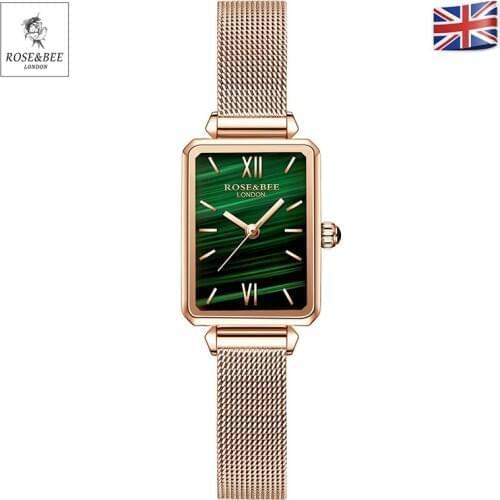 Green Malachite Watch Rectangle Japan Quartz Movement Slim Ladies Stainless Steel Mesh Waterproof ROSE&BEE Watches for Women