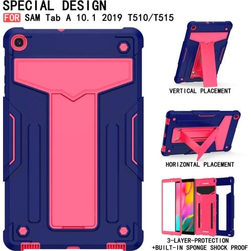 Case For Samsung Galaxy Tab A10.1 2019 T510 T515 tablet 3 layer protection portable back bracket Heavy Shockproof Cover+Film+Pen