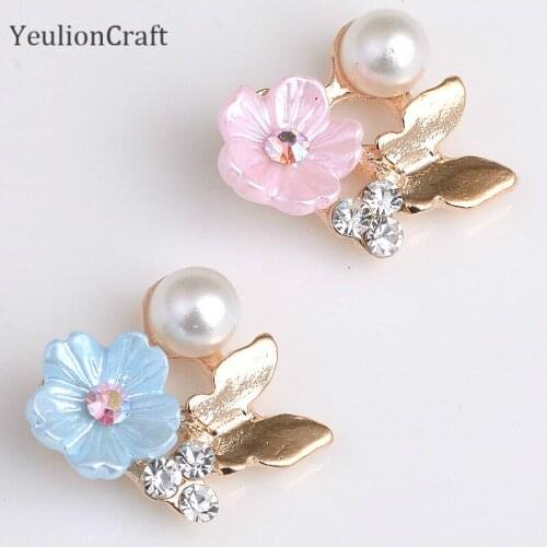 Chzimade 10Pcs 1.3x1.4cm Flower Rhinestone Buttons Flatback Plating Pearl Hairpin Decoration Apparel Diy Sewing Crafts