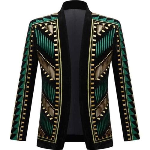 Gold Green Splicing Embroidery Blazer Mens Vintage Court Wedding Groom Suit Fashion Stars Singer Host Bar Show Stage Costume