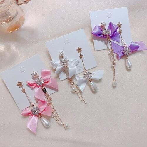 Korean Sweet Elegant Yarn Bowknot Flower Crystal Long Tassel Drop Earrings For Women Girls Holiday Jewelry Gifts