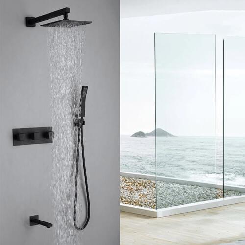 Brass Bathroom Shower Set Matte Black Square Rainfall Shower Faucet Wall Mounted Shower Mixer 8-12" Shower Head 3 Ways Water