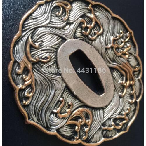 Copper Tsuba Japanese Samurai Sword Katana Wave Pattern Handguard Wakizashi DIY Fittings