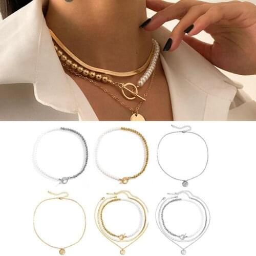 Fashion Women Men Jewelry Layer Pearls OT Buckle Bracelet Steel Beads Choker Chains