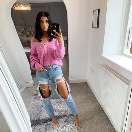 Fashion Women Sexy Fashion Solid Color Knitted Cardigan V-neck Sweater Coat Loose Strapless Single Breasted Long-sleeved