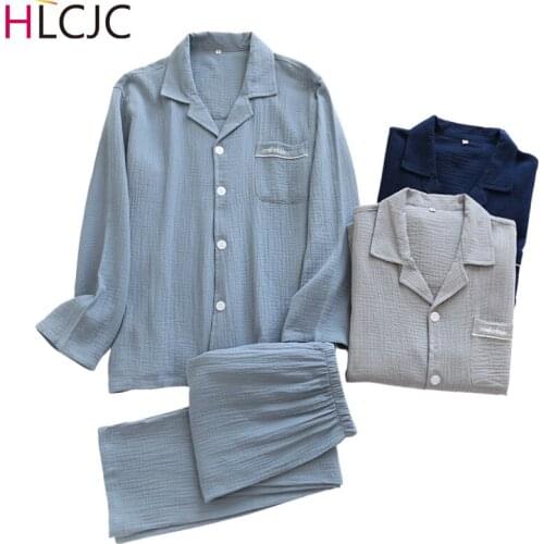 Men Breathable Lovers 100% Cotton Crepe Pajamas Sets Women Autumn Long Sleeve Fresh Soft Pijama Mujer Casual Pyjamas 2020 Neww