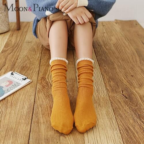 Pile of Socks Womens Lovely Vertical Striped Small Lace Women Sock Autumn and Winter Solid Candy Color Funny Short Socks Female