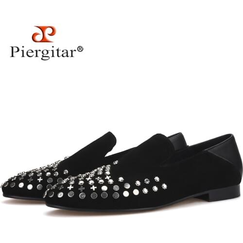 Piergitar handmade black cow leather men metal button smoking slippers fashion mens loafers for wendding and prom plus size