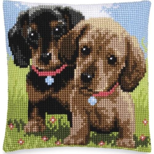 DIY Cross Stitch Cushion Front Two Dogs Needlepoint Kits Printed Canvas Chunky Yarn Cross-stitch Pillow Case Hobby & Crafts