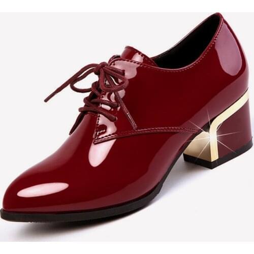 EAGSITY Patent leather women square heel dress shoes pointed toe lace up office lady pumps thin heel wedges platform mary jane