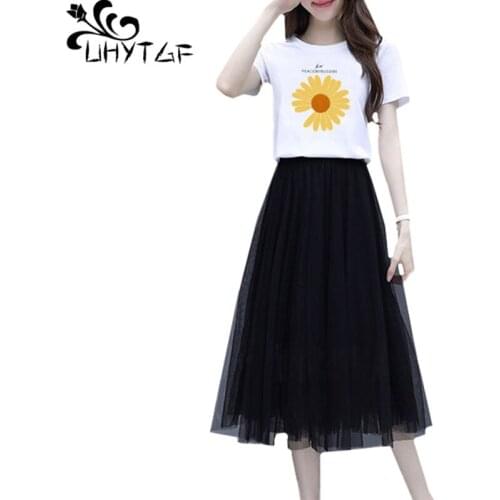 UHYTGF Cute girl summer two piece set Small daisies Short sleeve T-shirt +mesh skirt casual student skirt set elegant dress 1145