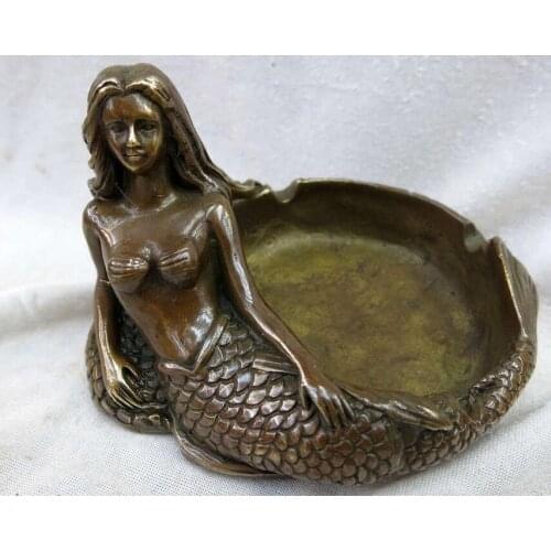 China brass carved beautiful sculpture sea-maid mermaid ashtray Statue