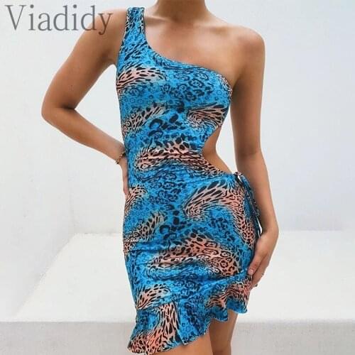 Women One Shoulder Leopard Print Patchwork Ruffles Slim Sleeveless Asymmetry Dress