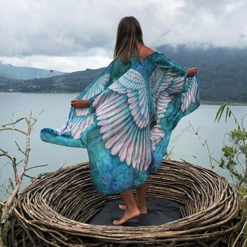 Bohemian Chic Feather Wings Dress Holiday Clothing Robe Plus Size Tunic 2021 Summer Women Elegant Beachwear Loose Dresses A928