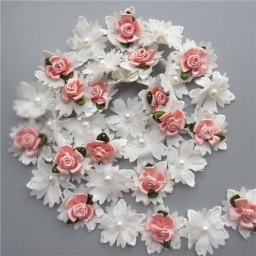 1 Yard White and Pink Pearl Rose Flower Embroidered Lace Trim Ribbon Fabric Handmade Sewing Craft For Costume Hat Shoes Decor