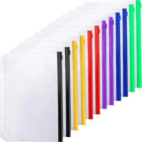 12PCS Binder Pockets A5 Size 6 Holes Zipper Binder Pouch Folders for 6-Ring Notebook Binder Loose Leaf Bags