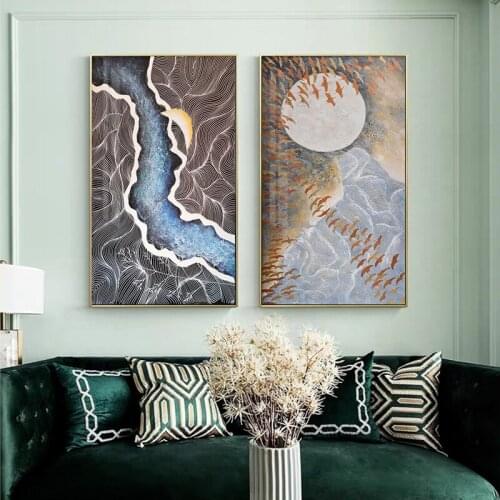 Abstract Moonlight Canvas Painting Blue River Posters Bird Moon Prints Fashion Wall Pictures for Living Room Big Green Wall Art