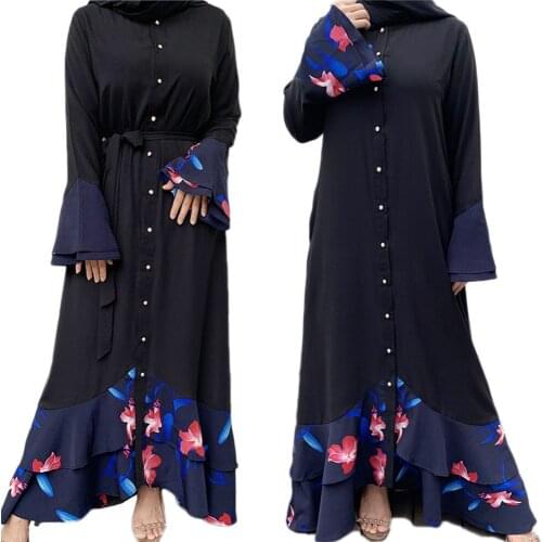 Arab Jilbab Turkish Long Dress Patchwork Abaya Floral Printed Single Breast Maxi Robe Ramadan Islamic Clothing Moroccan UAE Gown