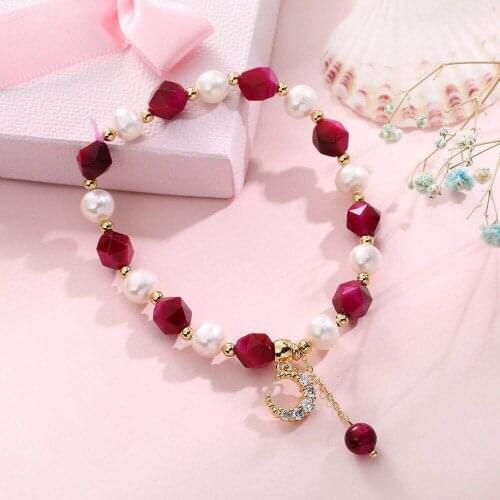 Special-shaped Freshwater Pearl Bracelet Temperament Fashion Rose Red Tiger Eye Bracelet Gold Zircon Moon Bracelet