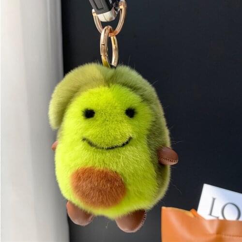 12CM Mini Cute Avocado Fluffy Real Rex Rabbit Fur Keychain Women Bag Pendant Plush Smiley Toy Car Key Metal Ring Ornaments Gift