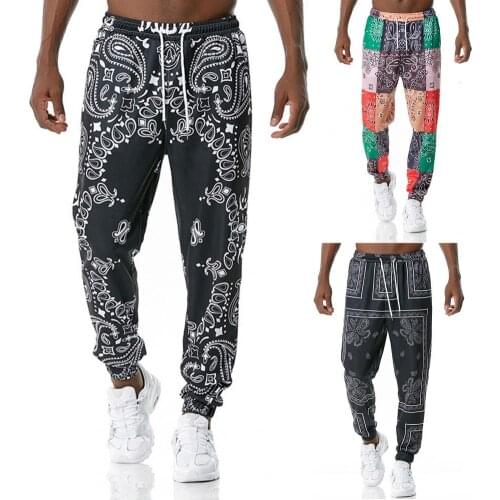 New Streetwear Hip Hop Fashion Men Pants Mid Rise Quick Drying Paisley Print Drawstring Ankle Tied Loose Trousers for Fitness