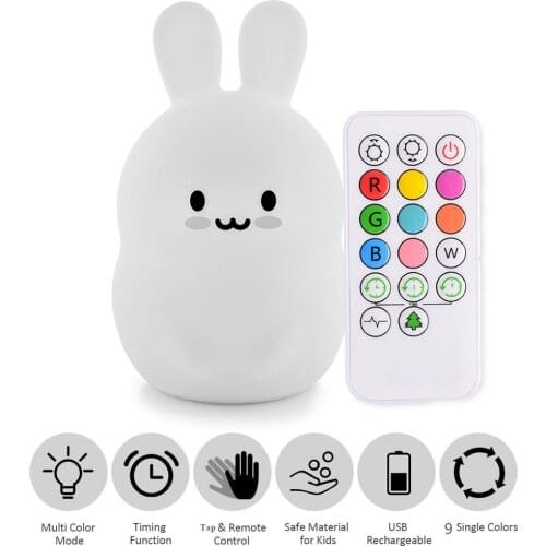 Baby LED Night Light Silicone Rabbit Nursery Lamp 9 Colors USB Rechargeable Sensor Tap Remote Control Night Lamps For Children