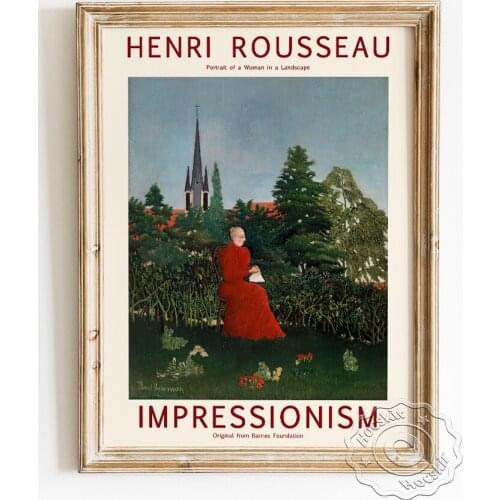 Henri Rousseau Exhibition Museum Poster, Portrait Of A Woman In A Landscape Canvas Painting, Red Dress Lady Vintage Home Decor
