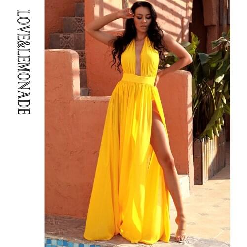 LOVE&LEMONADE Sexy Yellow Tie Wilt Split A-Line Chiffon Beach Maxi Dress LM83308
