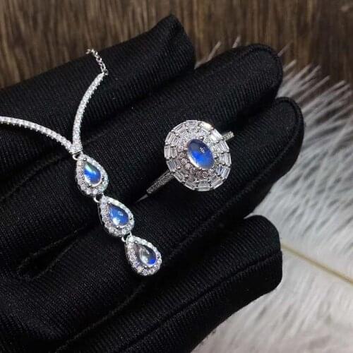 Real Natural Moonstone jewelry set Natural Real Moonstone 925 sterling silver 1pc pendant,1pc ring