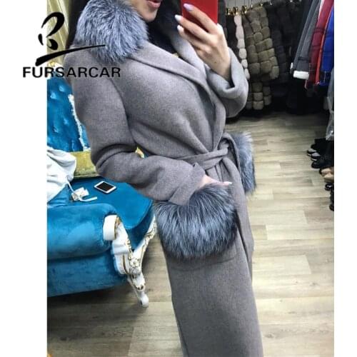 FURSARCAR New Arrival 2020 Real Fur Coat Women 120 CM Long Winter Woolen Fur Coat With Silver Fox Fur Collar Long Jacket