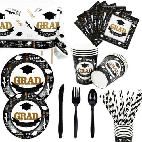 DIY Black Kraft Paper Disposable Tableware For Graduation Party Celebration Decoration Plates Knives Forks Dinnerware Supplies